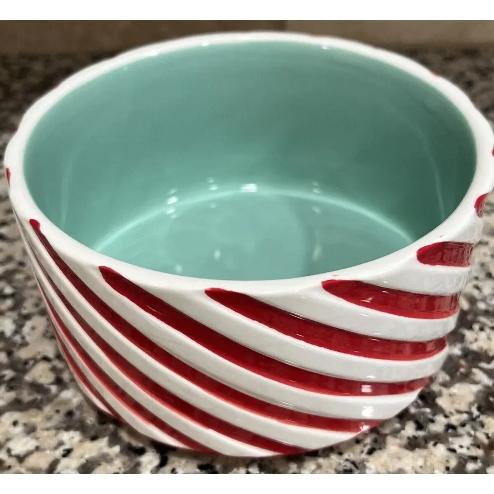 New Rae Dunn Pet Dog Bowl Red White Candy Cane Stripe Merry Pawmas Xmas 6.5x3.5